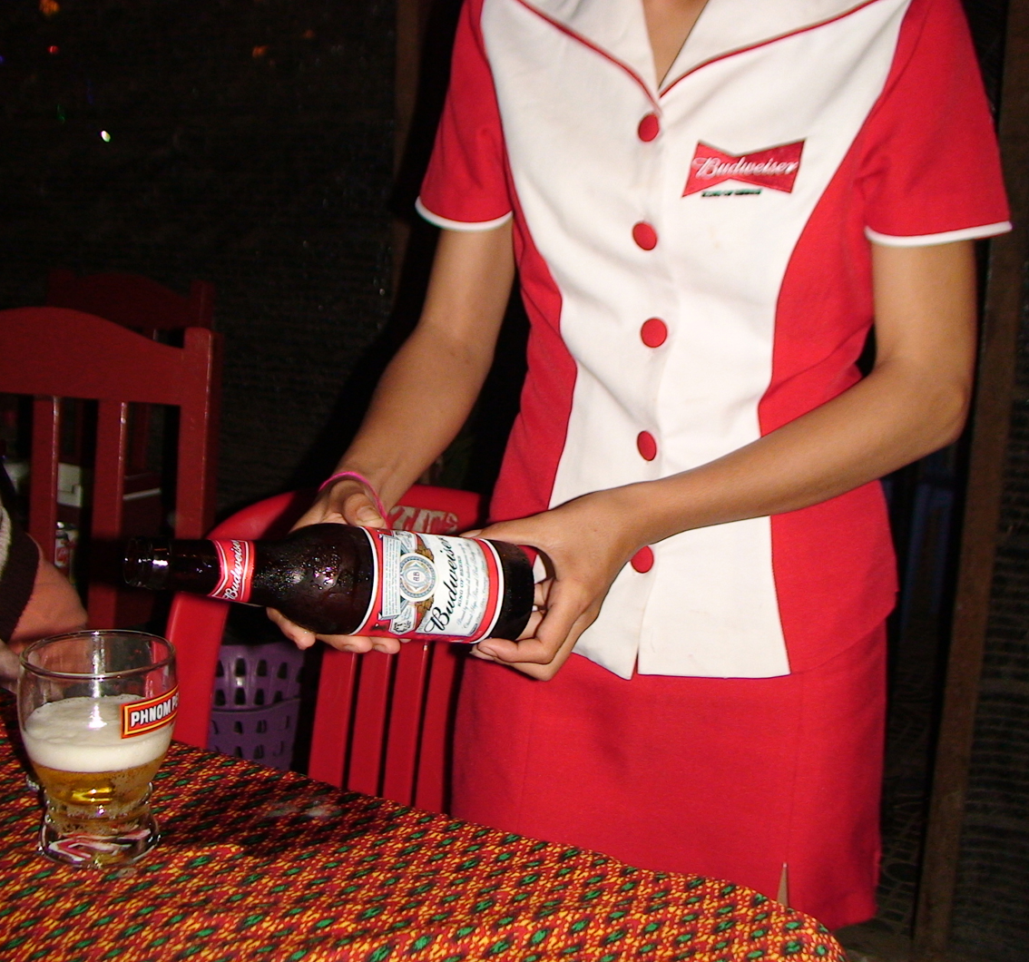 Photo of Budweiser beer seller taken in a bar in Siem Reap